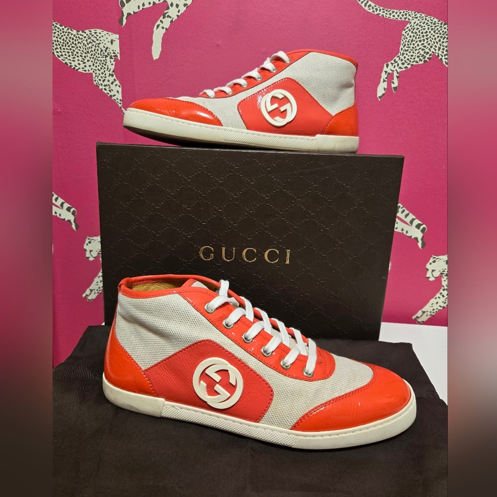 EUC Gucci Sylvie Web Accent Patent Leather High Top Sneakers IT 38.5 US 8.5 - Picture 1 of 14